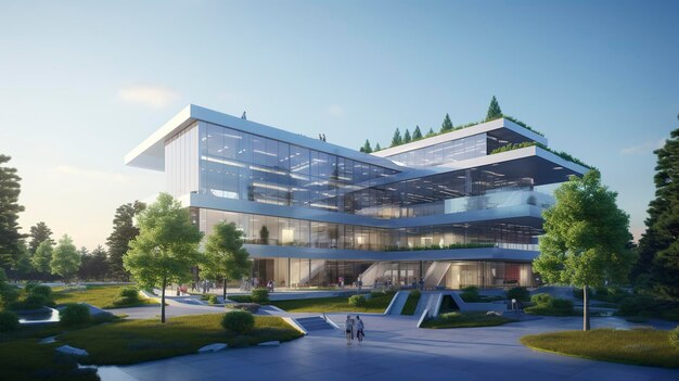 A photo of a sustainable corporate headquarters building