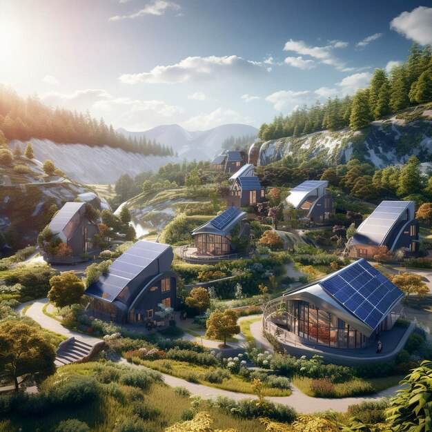 Photo photo of a sustainable ecovillage with renewable energy sources