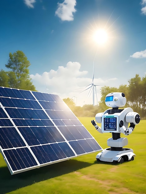 Photo sustainable energy development through smart technology with robot with solar panel in light b