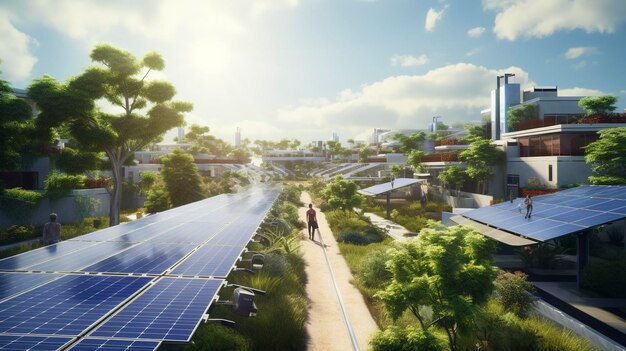 A photo of a sustainable neighborhood with community solar panels