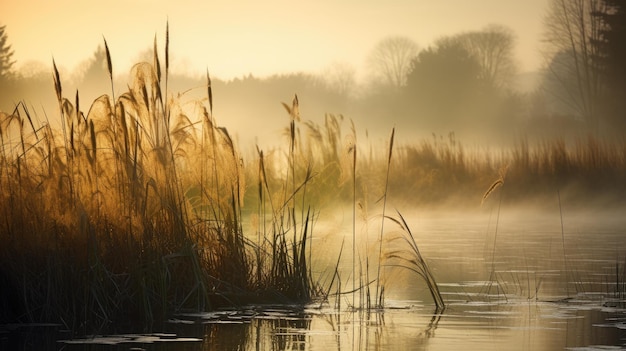 A photo of a swamp with bullrushes misty morning