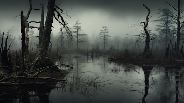 A photo of a swamp with dead trees murky water