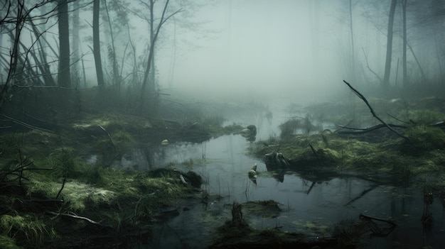 A photo of a swamp with frogs foggy atmosphere