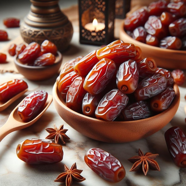 photo sweet dates out of wooden bowl on marble surface