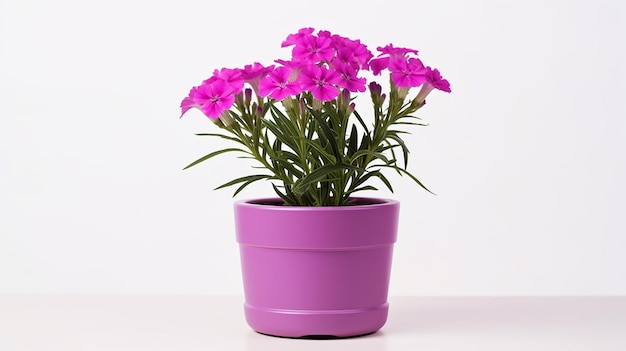 Photo of Sweet William flower in pot isolated on white background