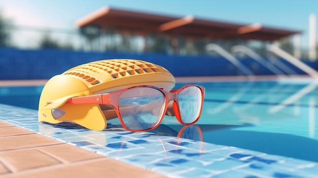 A photo of a swimmer goggles and cap by the pool