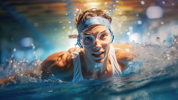 Photo a photo of a swimmer racing in a pool indoor lighting