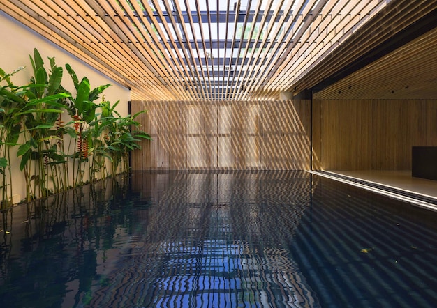 Photo of a swimming pool in a rustic architectural space