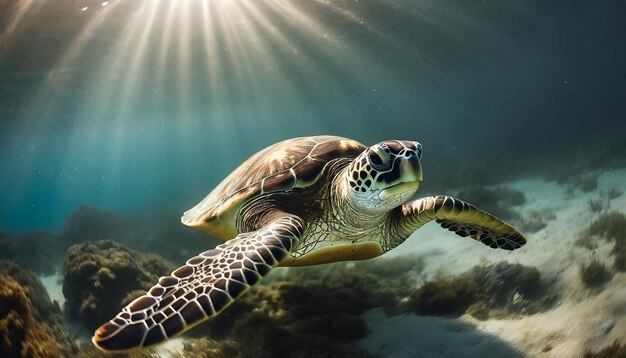 マウイのサンゴ礁の下でゆっくり泳ぐホークスビルカメの写真