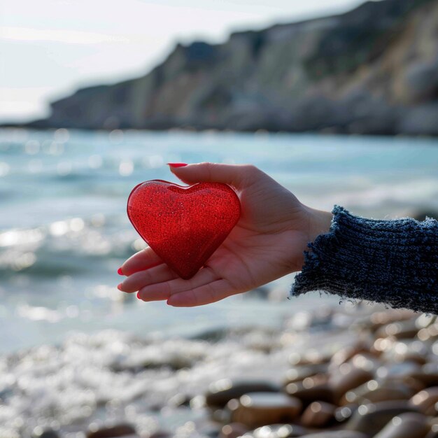 Фото Фото символический жест женщины держат в руках красное сердце на берегу моря для социальных сетей