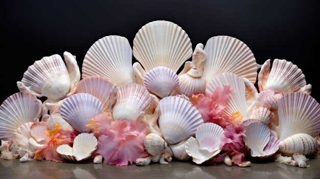 A photo of a symmetrical arrangement of seashells reflective backdrop