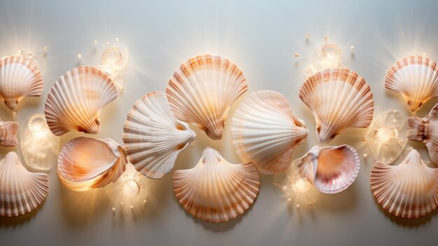 Photo a photo of a symmetrical arrangement of seashells reflective backdrop