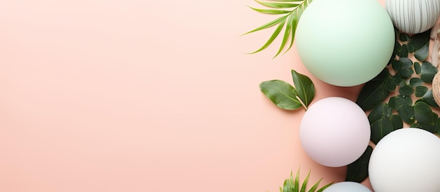 Photo of a table filled with a colorful display of fresh eggs with copy space