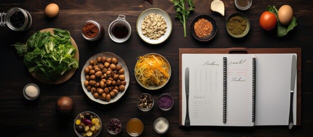 Photo of a table filled with a delicious spread of food and a notebook ready for a feast