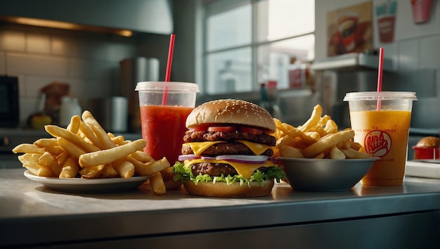 Photo a photo of a table filled with various fast food items in a brightly lit kitchen during the day