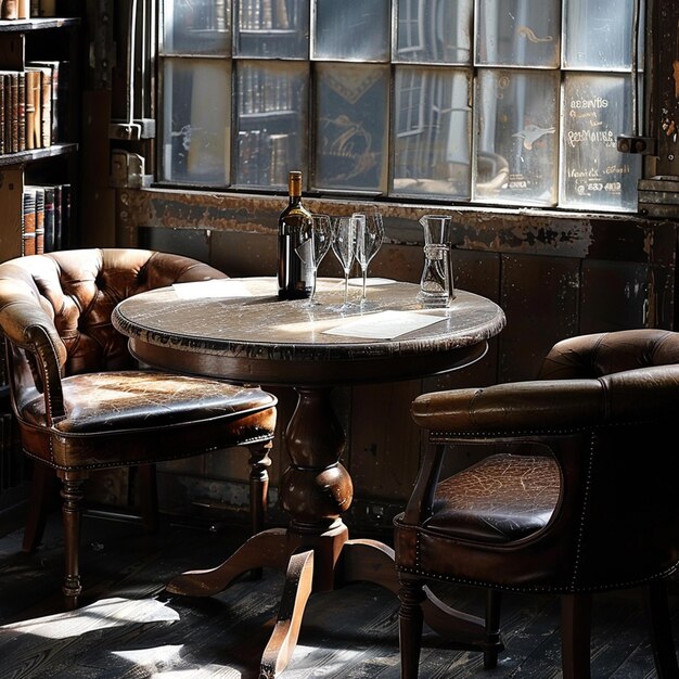 Photo table and leather chairs