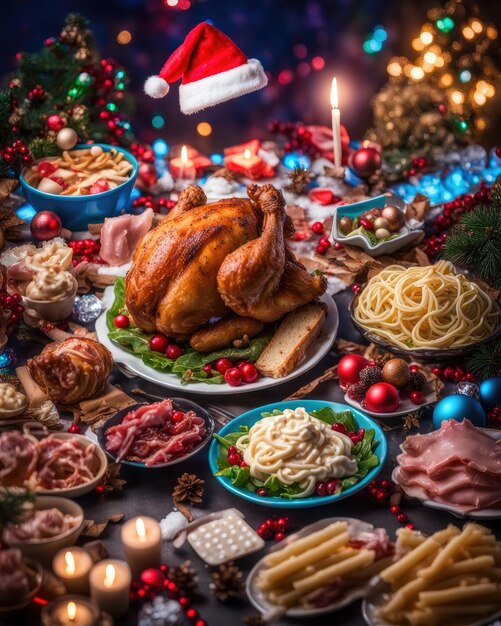 Photo photo of table with full of christmas foods delicious healthy chicken and pasta