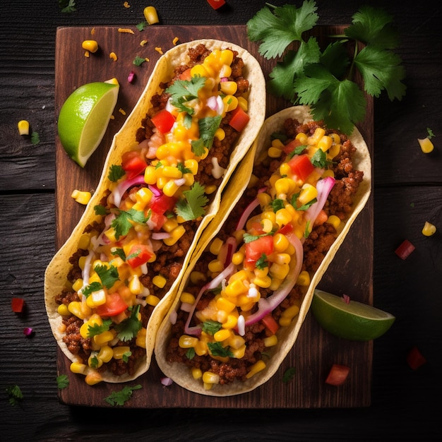 Photo taco mexican tacos with beef meat corn and salsa mexican cuisine top view flat