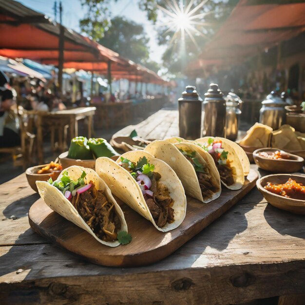 A photo of tacos displayed on a rustic wooden table in a Mexican street market at midday