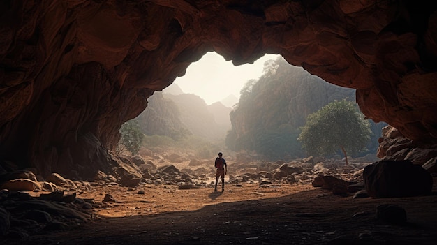 A photo taken from inside of a cave of a man standing in front of the entrance to the cave