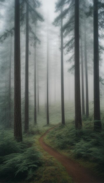 Photo photo tall trees in the forest in the mountains covered with the fog