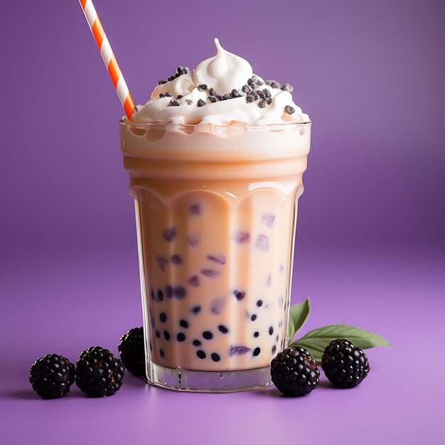 Photo of taro bubble tea taro flavored milk tea base chewy tapioca pe front view clean bg