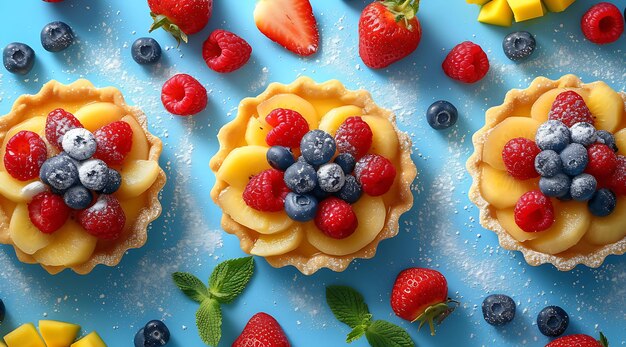 Photo of tarts with fruit slices and powdered sugar dusting decoratio banner ads design layout art