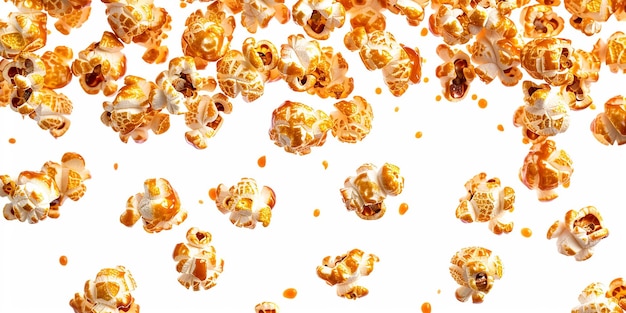 photo of tasty caramel glazed popcorn on white background