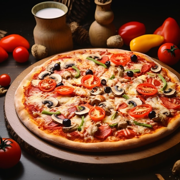 Photo of tasty cheesy pizza filled with tomatoes salami cheese and olives