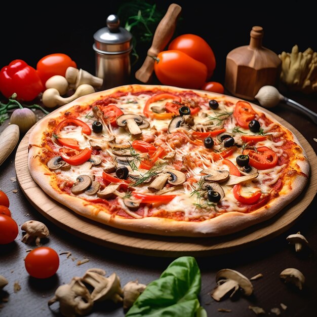 Photo of tasty cheesy pizza filled with tomatoes salami cheese and olives