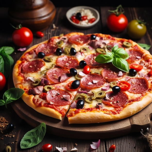 Photo of tasty cheesy pizza filled with tomatoes salami cheese and olives