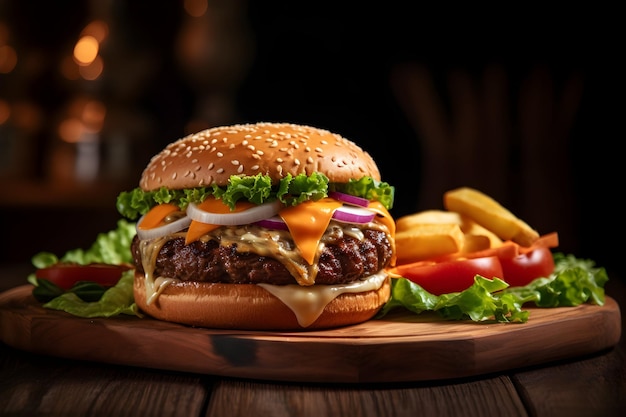 photo of a tasty hamburger on black background