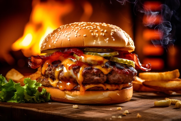 photo of a tasty hamburger on fire background