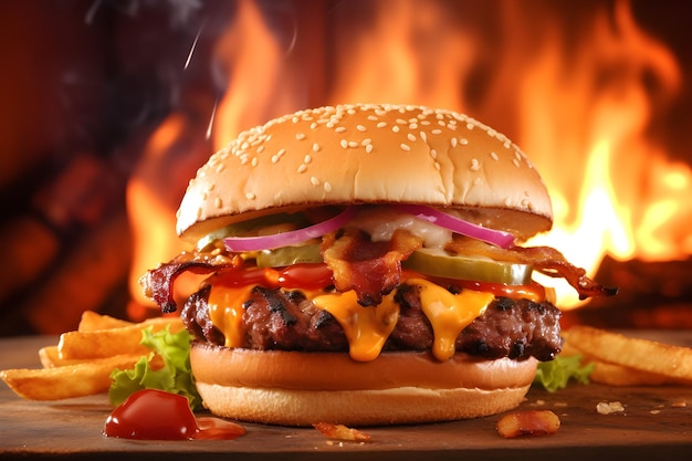 photo of a tasty hamburger on fire background