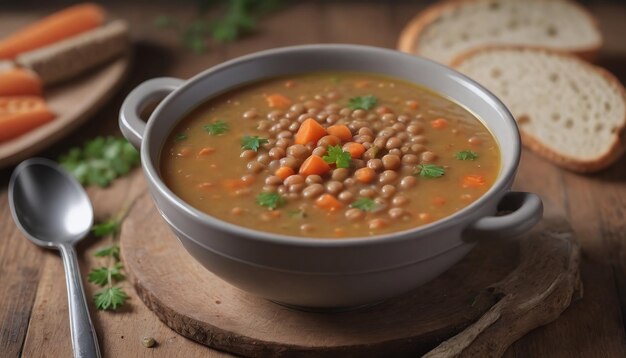 Photo Of Tasty Lentil Soup Closeup On Wood