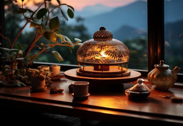 photo tea pot with cup on the table in a luxury blur evening background