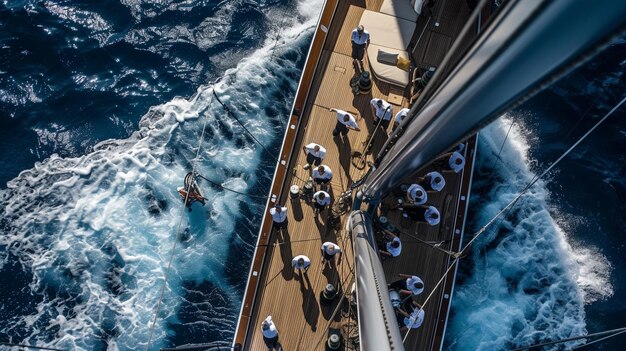 Foto una foto del lavoro di squadra di un equipaggio di yacht che si riunisce sul ponte