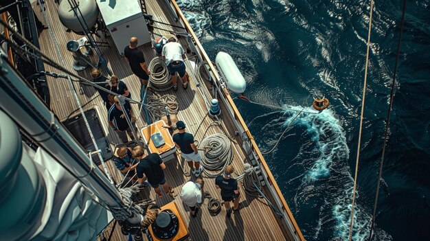 a photo of team work of a Yacht crew assemble on deck