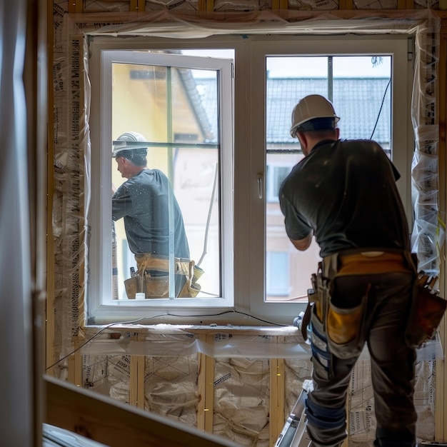 Foto foto una squadra di lavoratori installa una finestra sul pavimento in una nuova casa