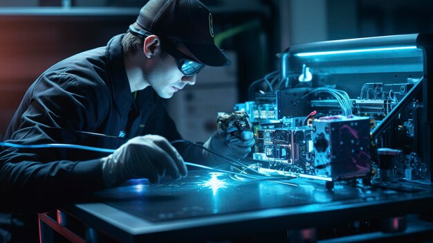 A photo of a technician finetuning a laser system