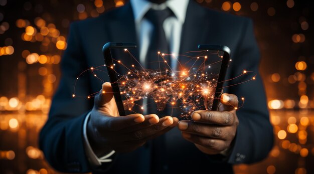 Photo photo technology innovation concept with holding tablet in hands and bulbs that shine glitter