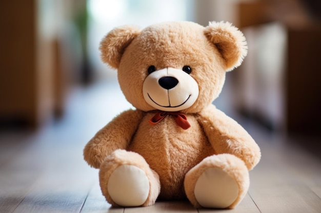 Photo of teddy bear wearing a cheerful smile