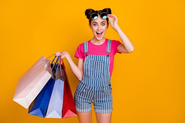 Photo of teen lady hold carry many packs addicted shopper 