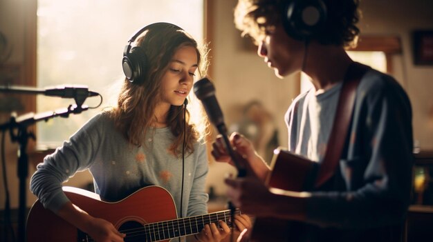 Foto foto adolescente ragazzo e ragazza che registrano musica