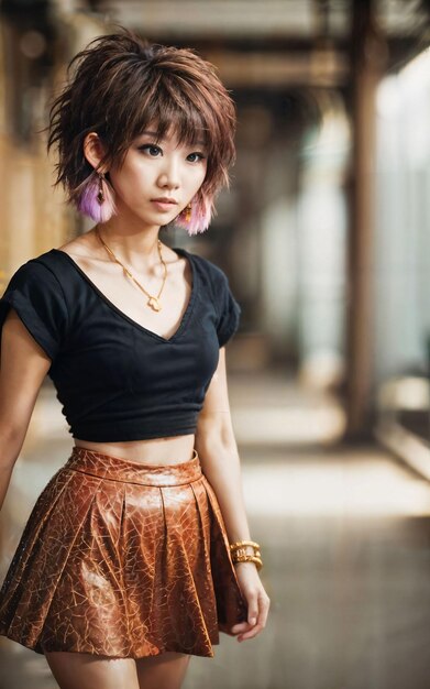 photo of teenage playful asian woman with accessories and mullet hairstyle generative AI