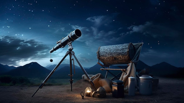 photo of a telescope and camping gear under a starry sky