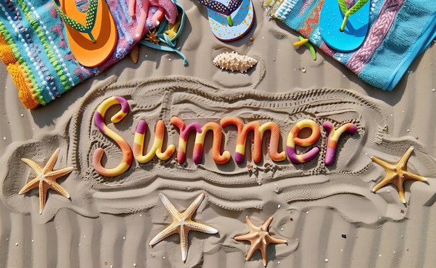 A photo of the text Summer written in sand with colorful beach towels and flipflops