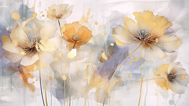 Photo textured abstract watercolor flowers with a golde