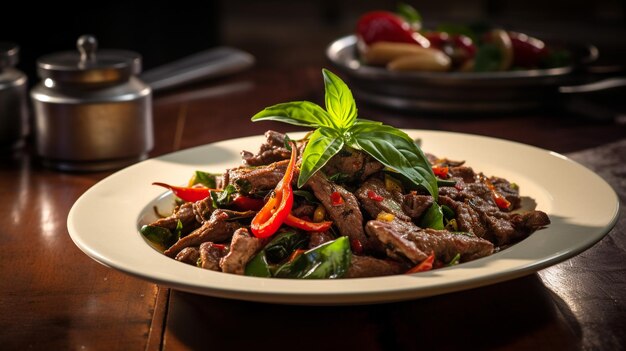 Photo of thai basil beef as a dish in a highend restaurant