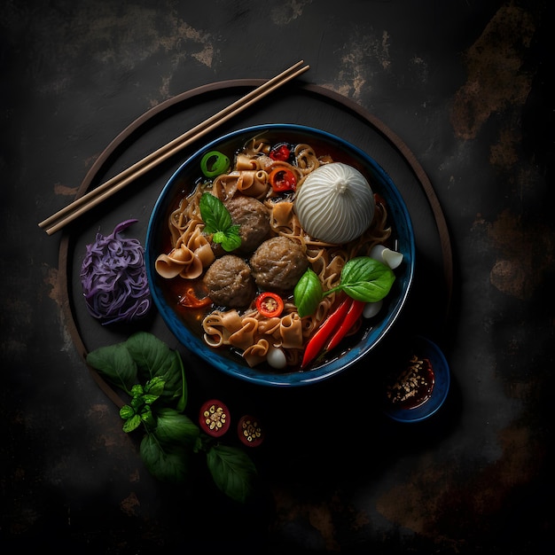 photo thai food, noodles with pork, meatball and vegetable food photography